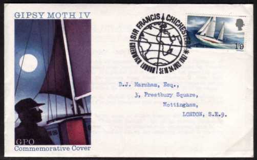 view larger back view image for Sir Francis Chichester on illustrated typed address official GPO FDC cancelled with the special GLOBE - GREENWICH SE10 cancel dated 24 JULY 1967.