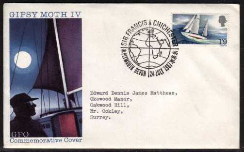 view larger back view image for Sir Francis Chichester on illustrated typed address official GPO FDC cancelled with the special GLOBE - PLYMOUTH DEVON cancel dated 24 JULY 1967.