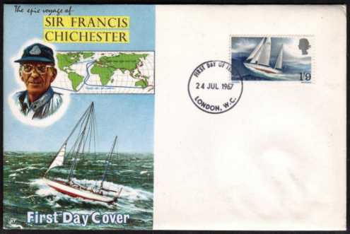 view larger back view image for Sir Francis Chichester's World Voyage single on CONNOISSEUR UNADDRESSED illustrated FDC cancelled with a LONDON W.C. FDI dated 24 JUL 1967.