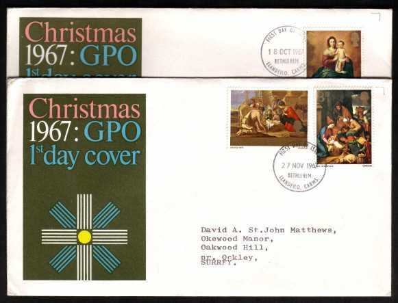 view larger back view image for Christmas set of three on two official GPO illustrated colour FDC's (matched pair cancel and address) typed address each cancelled with BETHLEHEM - CARMS FDI's