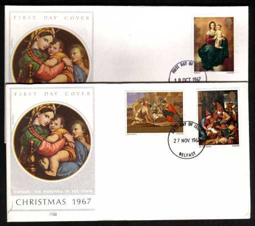 view larger back view image for Christmas set of three on two illustrated colour PHILART FDC's (matched pair) UNADDRESSED each cancelled with BELFAST  FDI's