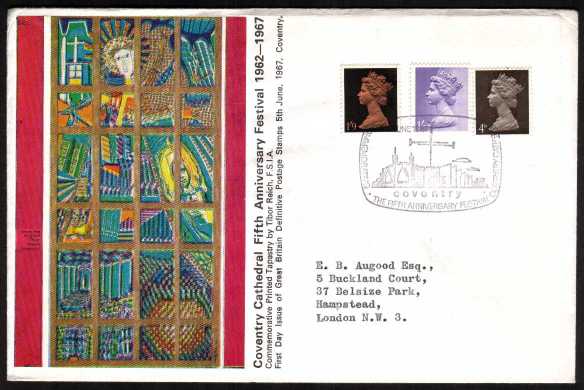 view larger back view image for Machin - 4d, 1/- and 1/9d on OFFICIAL Coventry Cathedral colour FDC with typed address cancelled with special COVENTRY CATHEDRAL handstamp.