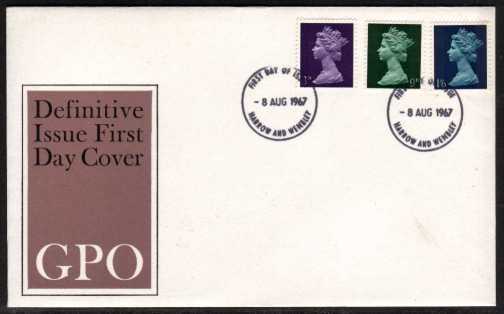 view larger back view image for Machin - 3d 9d 1/6d on official GPO UNADDRESSED illustrated FDC cancelled with two strikes of HARROW & WEMBLEY FDI's dated 8 AUG 1967.