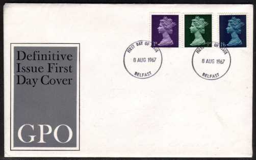 view larger back view image for Machin - 3d 9d 1/6d on official GPO UNADDRESSED illustrated FDC cancelled with two strikes of BELFAST FDI's dated 8 AUG 1967