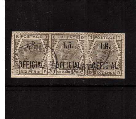 view larger image for SG O4 (1882) - <b>I. R. OFFICIAL</b><br/>
6d Grey from Plate 18 overprinted 'I. R. OFFICIAL' strip of three lettered 'D-B' to D-D' superb fine used tied to a small piece. 
<br/>SG Cat £420+35%=£567