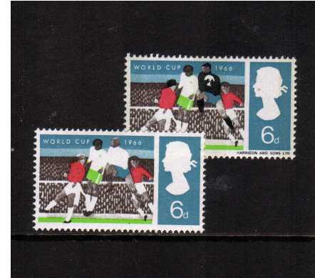 view larger image for SG 694a (1966) - World Cup Football 6d superb unmounted mint showing the error <b>BLACK OMITTED</b> resulting in a White jersey and socks on goal keeper.
<br/><b>QQC</b>