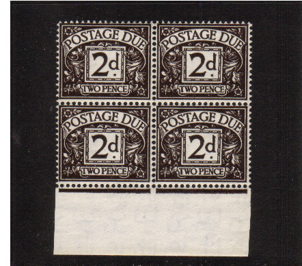view larger image for SG D41 (1955) - 2d Agate - Watermark Tudor Crown in a supern unmounted mint lowere marginal block of four. SG Cat £104