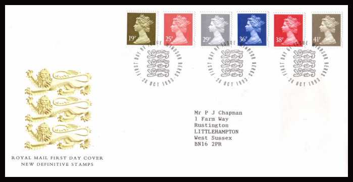 view larger back view image for Machin - Elliptical Perforations - 19p to 41p  on a neatly typed addressed official Royal Mail  FDC cancelled with a WINDSOR FDI cancel dated 26 OCT 1993.
