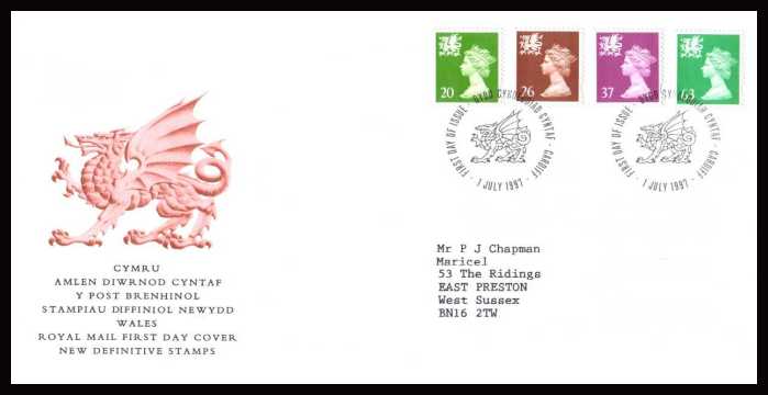 view larger back view image for WALES - 20p to 63p but WITHOUT 'P' on a neatly typed addressed official Royal Mail FDC cancelled with a CARDIFF FDI cancel dated 1 JULY 1997