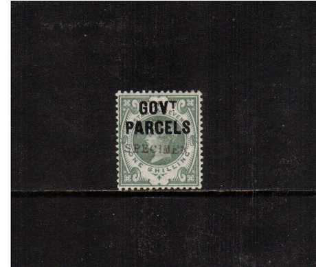 view larger image for SG O68s (1890) - <b>GOVERNMENT PARCELS</b><br/>
1/- Dull Green overprinted 'GOVT PARCELS and handstamped SPECIMEN type 9 lightly mounted mint. A very fresh stamp. SG Cat £300
<br/><br/>
