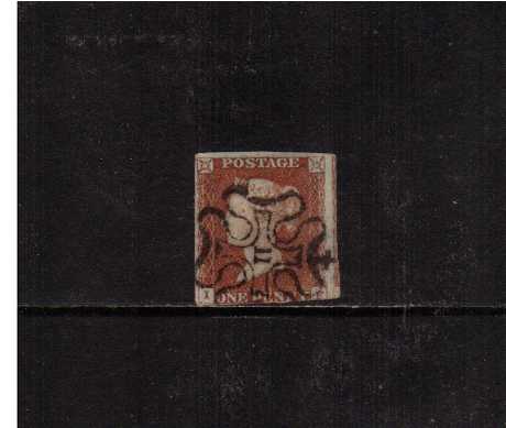 view larger image for SG 8m (1841) - 1d Red Brown A three margined stamp cut into at foot lettered 'I-F' cancelled with a Maltese Cross with a number '11' in centre. SG Cat £250
<br/><br/>
<b>5qz</b>
