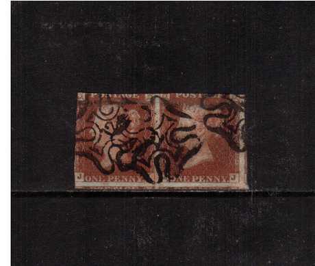 view larger image for SG 8m (1841) - 1d Red Brown pair cut into on two sides lettered 'J-I' and 'J-J' cancelled with three Maltese Cross strikes each with a number '12' in centre. SG Cat £500
<br/><br/>
<b>5qz</b>