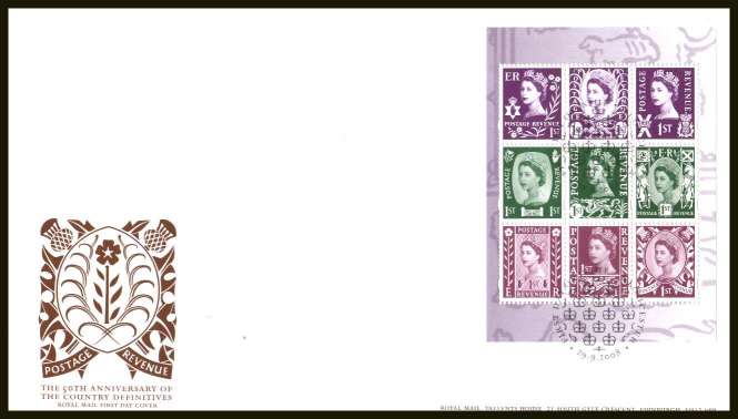 view larger back view image for Country Definitives booklet pane of nine on an unaddressed official Royal Mail FDC cancelled with the official alternative FDI cancel for GLOUCESTER dated 29 SEPTEMBER 2008.
<br/><b>SQH</b>
