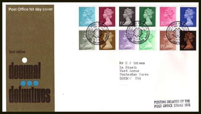 view larger back view image for The initial Machin definitive set of twelve on neatly typed official Post Office FDC cancelled with BRITISH PHILATELIC BUREAU - EDINBURGH FDI cancel  dated 15 FEB 71. Also has the handstamp 'POSTING DELAYED BY THE POST OFFICE STRIKE 1971'
