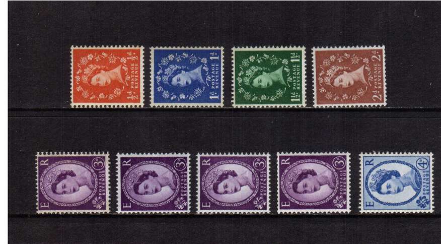 view larger image for SG 610a-616ab (1960) - Elizabeth II<br/>
Wilding - Multiple Crowns Watermark<br/>Phosphor Lines Definitive set of nine<br/> SIDEWAYS watermark