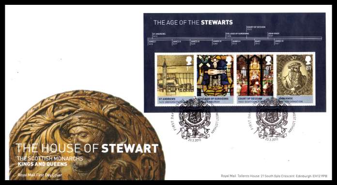 view larger back view image for The House of Stewart minisheet on an unaddressed official Royal Mail FDC cancelled with the official alternative FDI cancel for LINLITHGOW - WEST LOTHIAN dated 23 3 2010