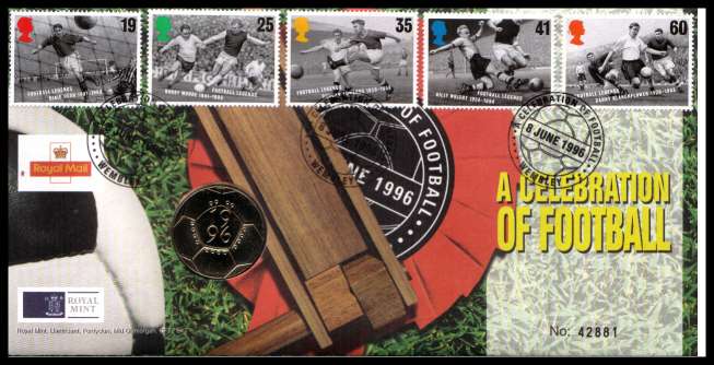 view larger image for SG RMC8 (1996) - Royal Mail and Royal Mint commemorative cover commemorating:<br/>A Celebration of Football - £2 coin<br/><br/>SG Cat £20