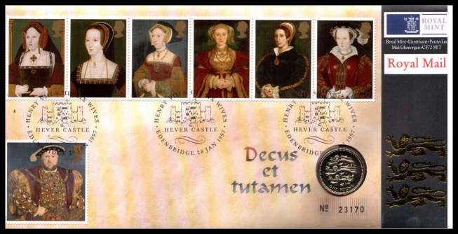 view larger image for SG RMC10 (1997) - Royal Mail and Royal Mint commemorative cover commemorating:<br/>450th Death Avviversary of King Henry VIII - £1 coin<br/><br/>SG Cat £20