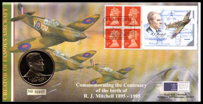 view larger image for SG RMC4 (1995) - Royal Mail and Royal Mint commemorative cover commemorating:<br/>Birth Centenary of R. J. Mitchell - Spitfire - medal<br/><br/>SG Cat £20
