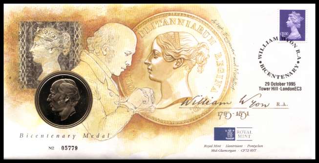 view larger image for SG RMC6 (1995) - Royal Mail and Royal Mint commemorative cover commemorating:<br/>200th Birth Anniversary of William Wyon - medal<br/><br/>SG Cat £20