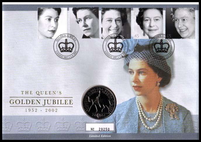 view larger image for SG RMC29 (2002) - Royal Mail and Royal Mint commemorative cover commemorating:<br/>The Queen's Golden Jubilee - £5 coin<br/><br/>SG Cat £24