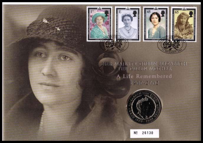 view larger image for SG RMC32 (2002) - Royal Mail and Royal Mint commemorative cover commemorating:<br/>Queen Mother Commemoration - £5 coin<br/>
<br/><b>SG Cat £24</b>