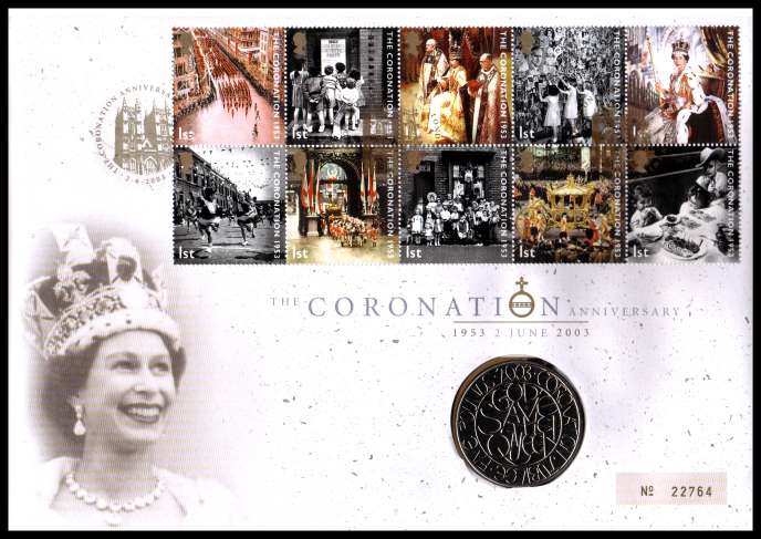 view larger image for SG RMC34 (2003) - Royal Mail and Royal Mint commemorative cover commemorating:<br/>50th Anniversary of Coronation - £5 coin<br/>
<br/>SG Cat £24