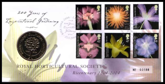 view larger image for SG RMC40 (2004) - Royal Mail and Royal Mint commemorative cover commemorating:<br/>Royal Horticultural Society - medal<br/>
<br/>SG Cat £21