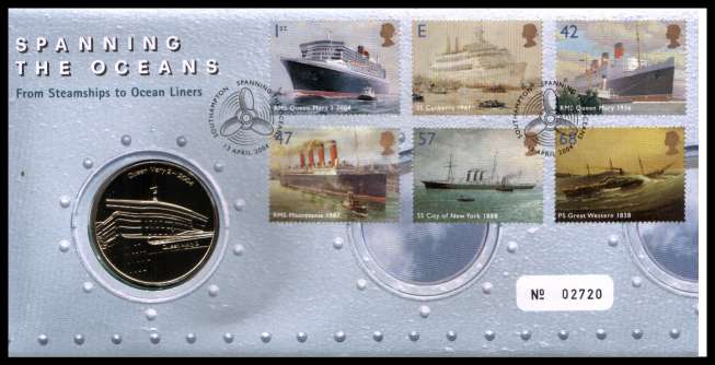 view larger image for SG RMC39 (2004) - Royal Mail and Royal Mint commemorative cover commemorating:<br/>Ocean Liners - medal<br/>
<br/>SG Cat £22