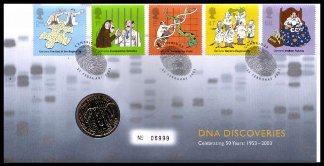 view larger image for SG RMC33 (2003) - Royal Mail and Royal Mint commemorative cover commemorating:<br/>DNA Discoveries - £2 coin<br/>
<br/>SG Cat £21