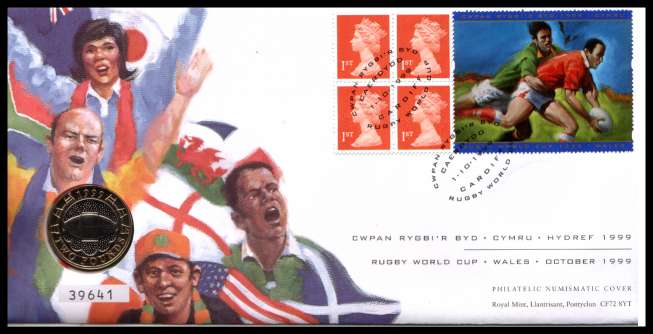 view larger image for SG RMC20 (1999) - Royal Mail and Royal Mint commemorative cover commemorating:<br/>Rugby World Cup - £2 coin<br/>
<br/>SG Cat £20