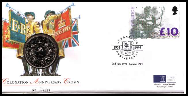 view larger image for SG RMC1 (1993) - Royal Mail and Royal Mint commemorative cover commemorating:<br/>40th Anniversary of Coronation - £5 coin<br/>
<br/>SG Cat £28