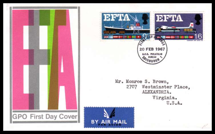 view larger back view image for EFTA (European Free Trade Association) <b> PHOSPHOR</b> on official GPO illustrated colour FDC cancelled with a PHILATELIC BUREAU - EDINBURGH FDI handstamp dated 20 FEB 1967.