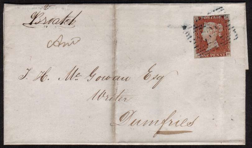 view larger front view of image for 1d Red Brown, four close margins, on small complete entire cancelled with a light Scottish cancel in DARK BLUE probably 103 for CARRICKMACROSS and also backstamped SANQUHAR 21 OC 1847 in BLUE. Unlisted in DANZIG
