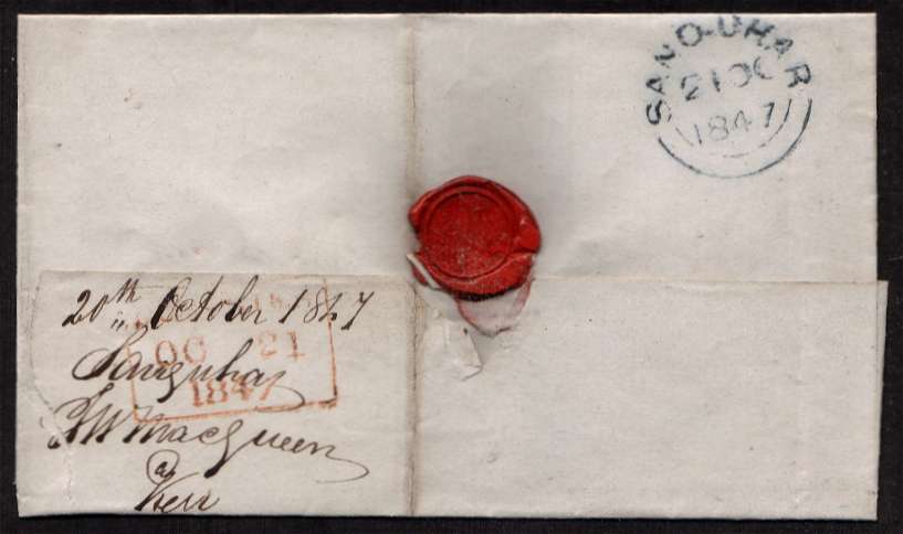 view larger back view of image for 1d Red Brown, four close margins, on small complete entire cancelled with a light Scottish cancel in DARK BLUE probably 103 for CARRICKMACROSS and also backstamped SANQUHAR 21 OC 1847 in BLUE. Unlisted in DANZIG