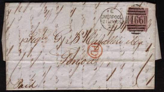 view larger front view of image for 6d Lilac - Plate 5 lettered 'L-A' on entire crisply cabcelled with a LIVERPOOL duplex dated 21 JY 65 to GENOA with in indistict arrival mark