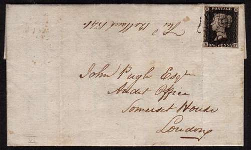 view larger front view of image for 1d Black with four margins Plate 6 lettered 'M-F' cancelled with a Black Maltese Cross on entire from WESHPOOL to AUDIT OFFICE -  SOMERSET HOUSE backstamped WESHPOOL MA 10 1841 with a LONDON arrival mark a day later. Great letter about shy gun dog!