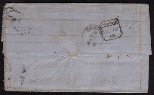view larger back view of image for 6d Lilac with hyphen from Plate 5 lettered 'J-F' on entire cancelled with part  LONDON duplex and LONDON handstamp on reverese dated DE 15 66 to GENOVA - ITALY. SG Cat £150